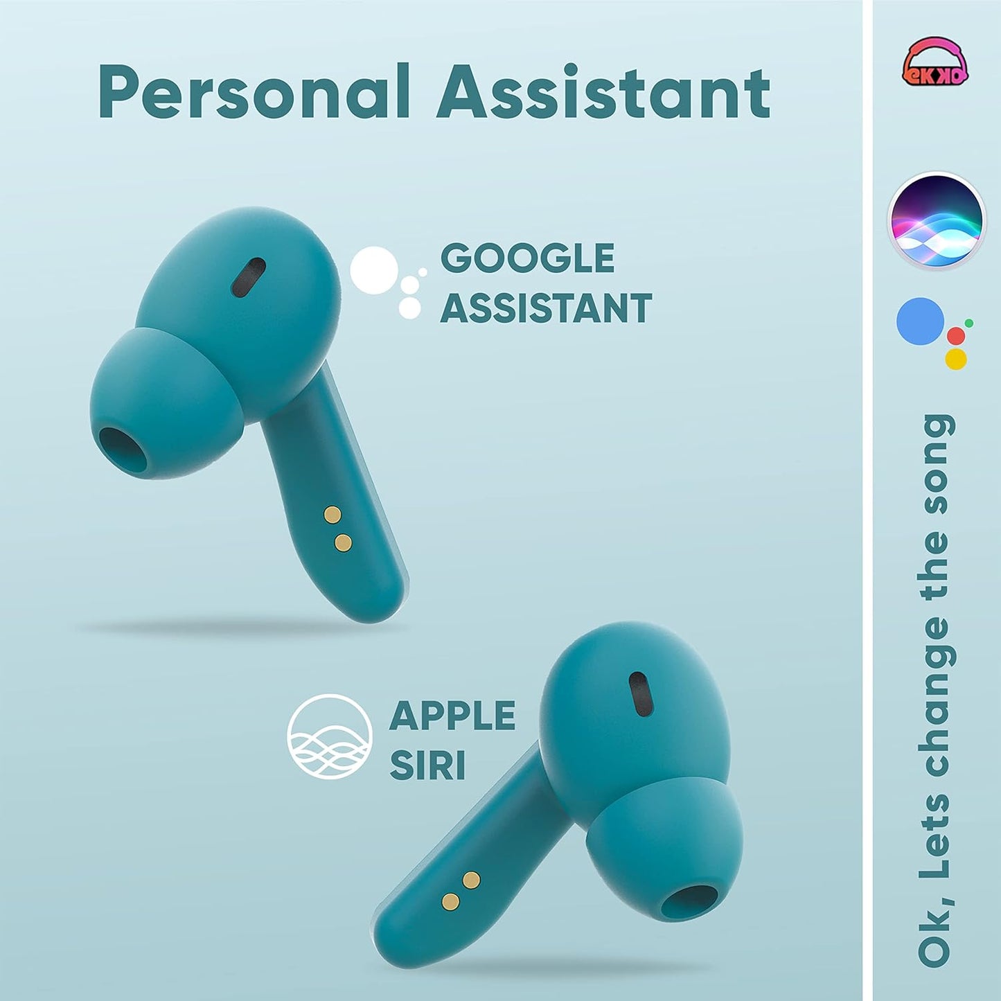 EKKO Earbeats T06: 10MM Driver, ENC Call Noise Cancellation, Touch Control, Massive Bass, IPX4 Water Resistancel TWS, Upto 60H Playtime, with Mic, Massive Bass, IPX4 Water Resistance (Green)