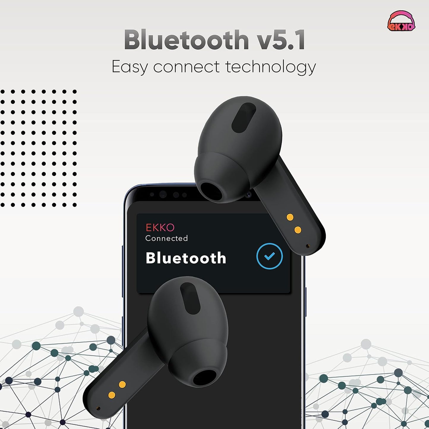 EKKO Earbeats T04 TWS: ENC Call Noise Cancellation, 50H Playtime, 10MM Driver, Twin Connect, Type-C Fast Charging, Siri & Google Assistant (Black)