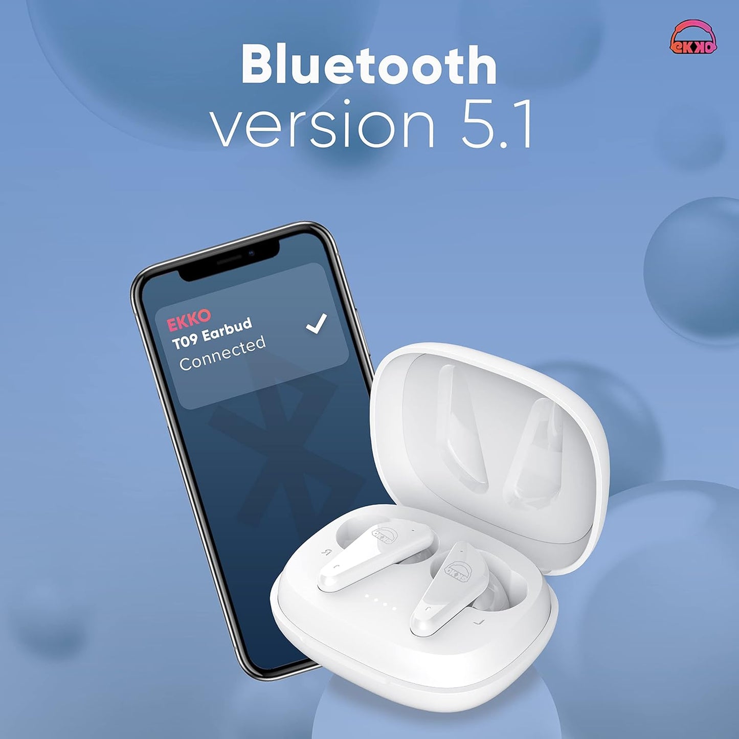 EKKO Earbeats T09: Mic, ENC Call Noise Cancellation, 40H Playtime, 10MM Driver, Twin Connect, Maxx Bass, Water Resistance (White)