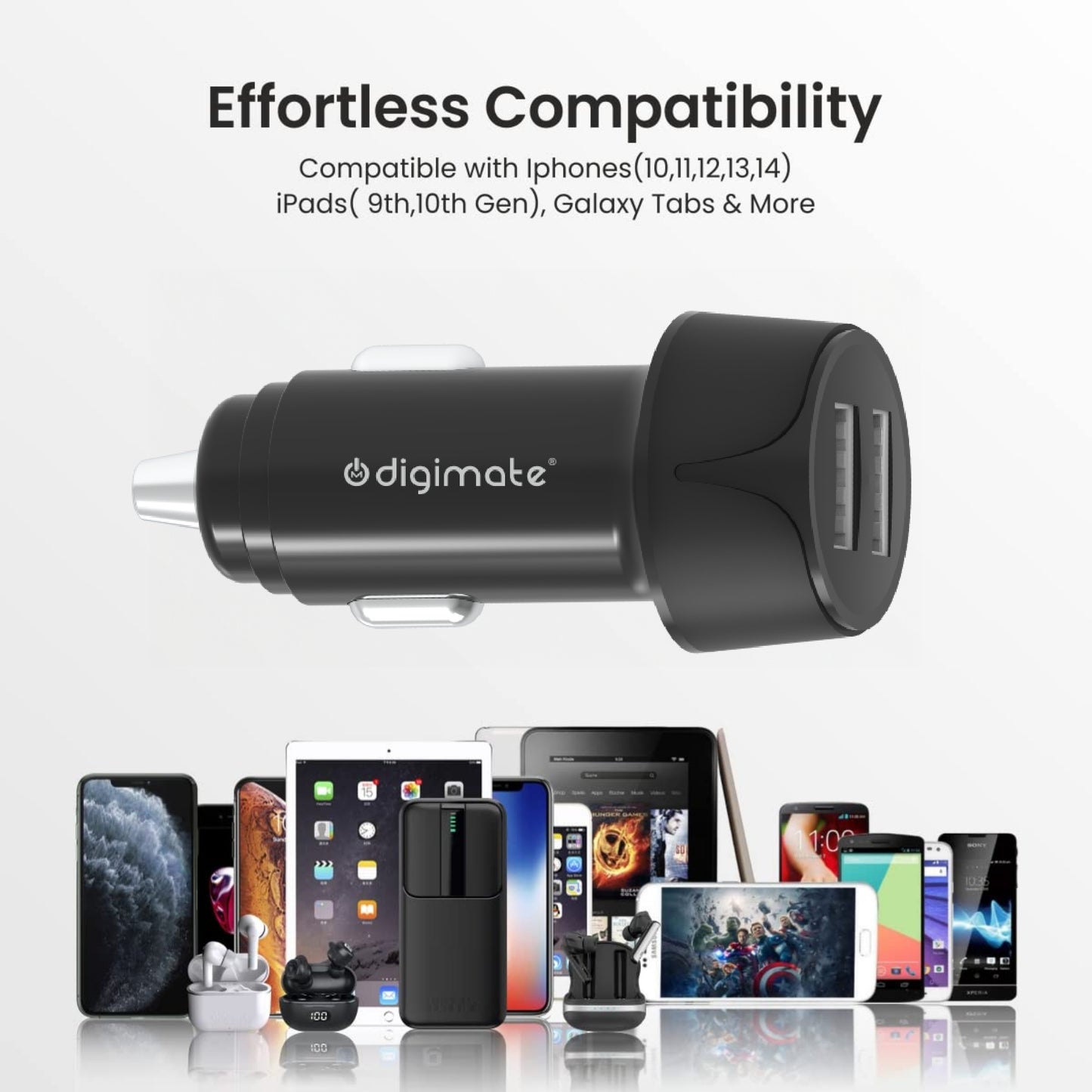 Digimate Dual Port Output Fast Charging 18W Car Charger with 4-in-1 | 65W Metal Alloy Ports Cable
