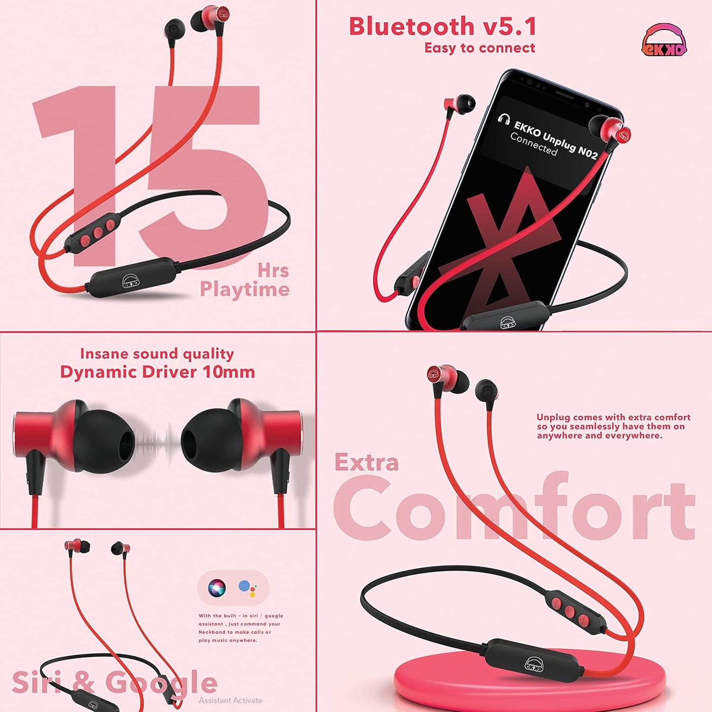 EKKO Unplug N02 Neckband with Super Sound Heavy Bass, Playback time Upto 15 Hours, Max BASS, TwinConnect, Siri & Google Assistant Activate (Red)