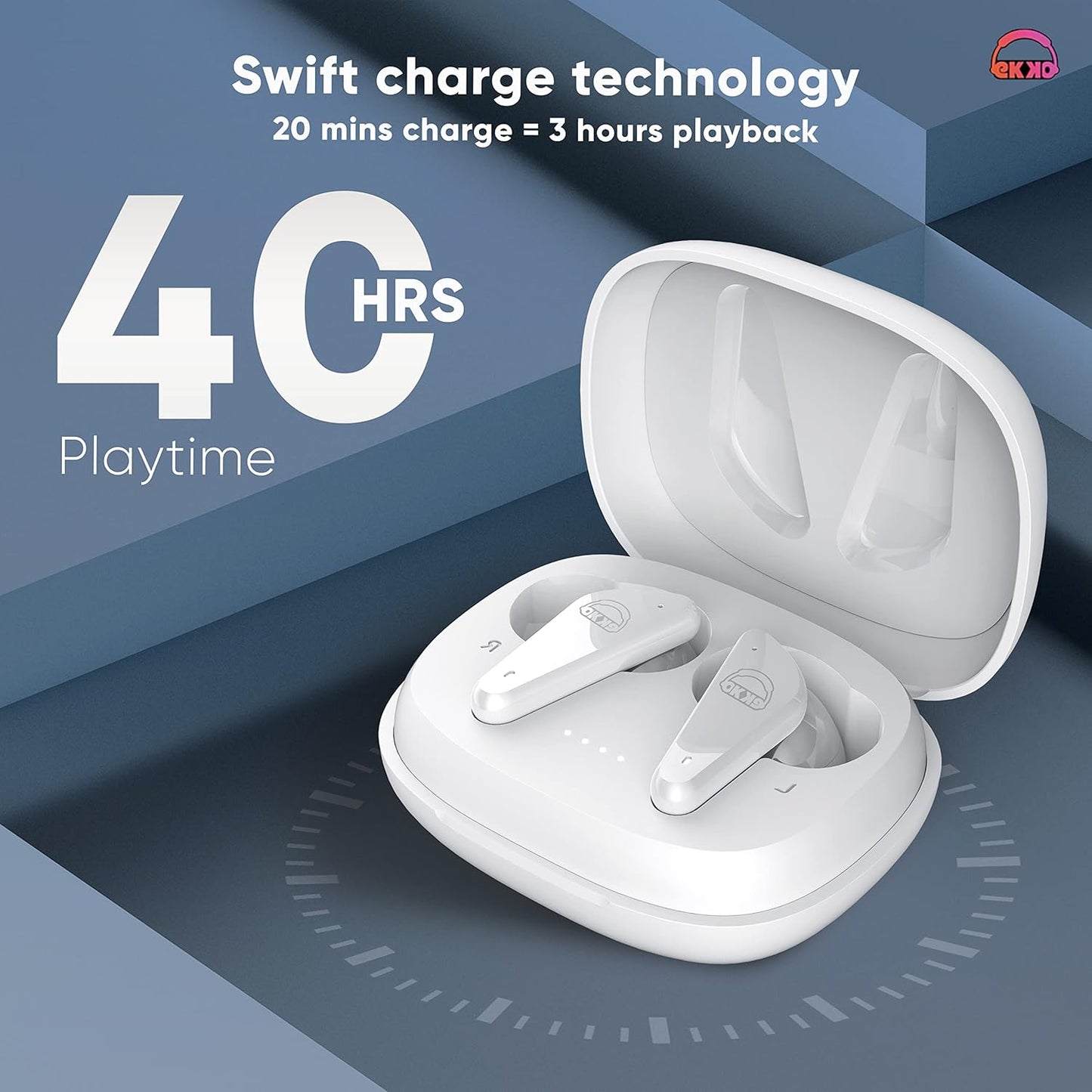 EKKO Earbeats T09: Mic, ENC Call Noise Cancellation, 40H Playtime, 10MM Driver, Twin Connect, Maxx Bass, Water Resistance (White)