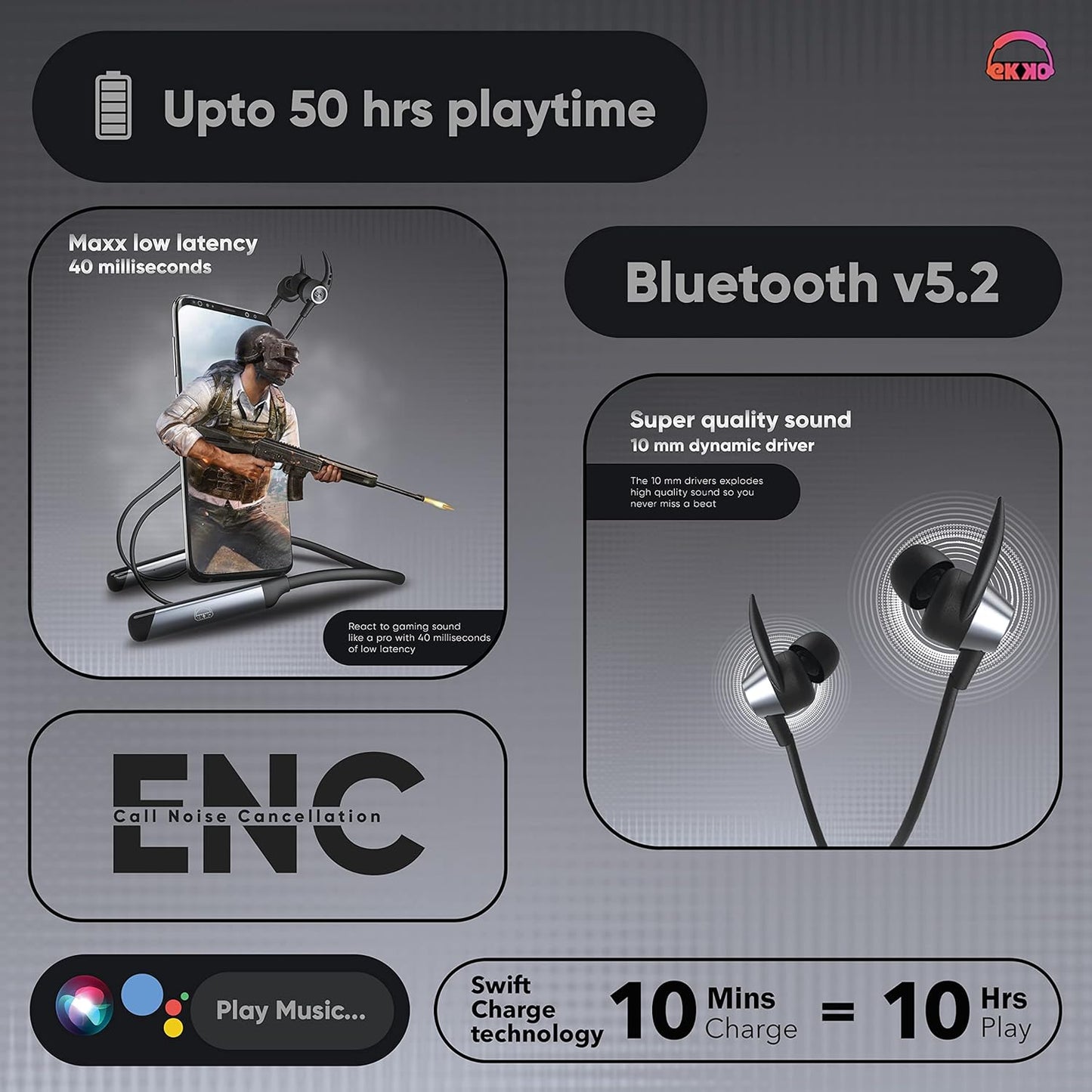EKKO Unplug N04 Neckband: 50 Hours, Premium ENC, 40ms Latency, Max Bass, Twin Connect, Siri & Google Assistant