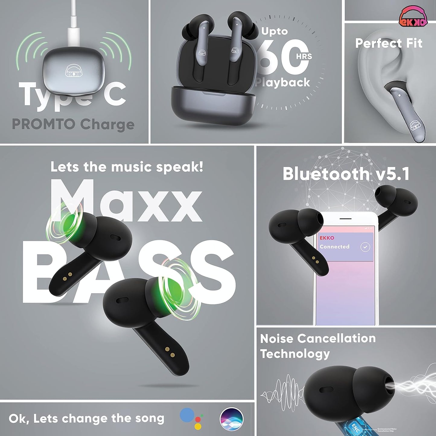 EKKO Earbeats T06: 10MM Driver, ENC Call Noise Cancellation, Touch Control, Massive Bass, IPX4 Water Resistancel TWS, Upto 60H Playtime, with Mic, Massive Bass, IPX4 Water Resistance (Black)