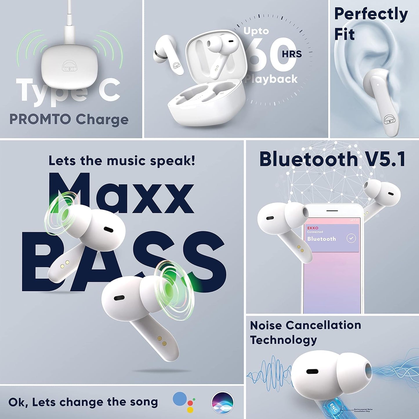 EKKO Earbeats T06: Upto 60H Playtime, 10MM Driver, ENC Call Noise Cancellation, Touch Control, Massive Bass, IPX4 Water Resistancel TWS, with Mic, Massive Bass, IPX4 Water Resistance (White)