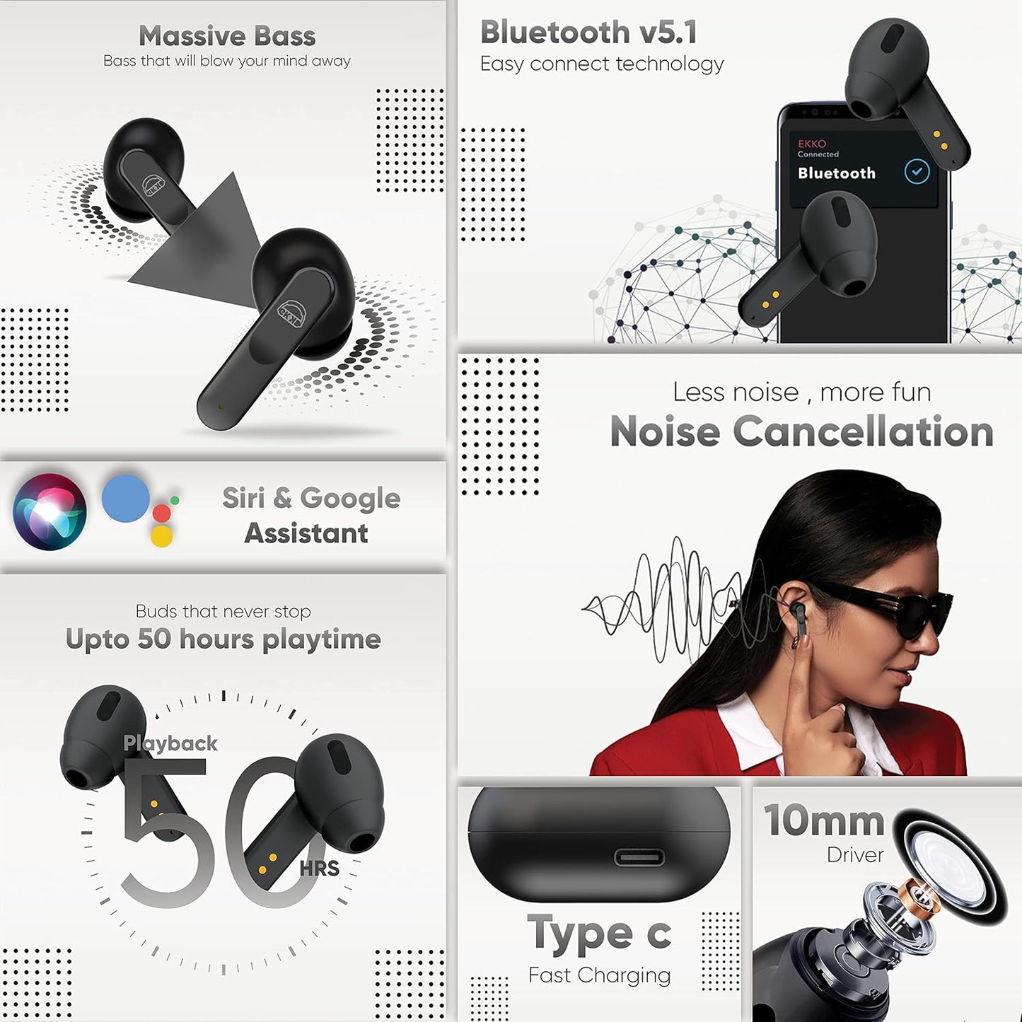 EKKO Earbeats T04 TWS: ENC Call Noise Cancellation, 50H Playtime, 10MM Driver, Twin Connect, Type-C Fast Charging, Siri & Google Assistant (Black)