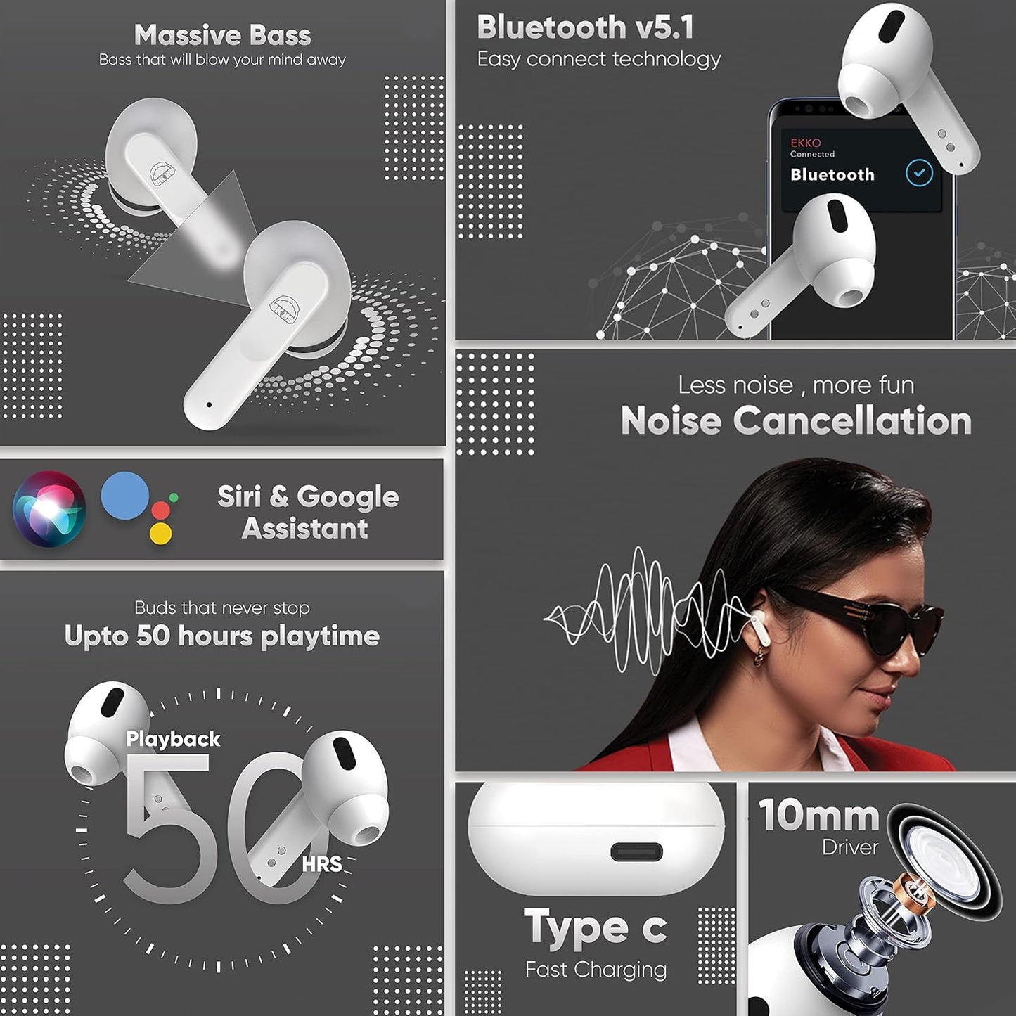 EKKO Earbeats T04 TWS: ENC Call Noise Cancellation, 50H Playtime, 10MM Driver, Twin Connect, Type-C Fast Charging, Siri & Google Assistant