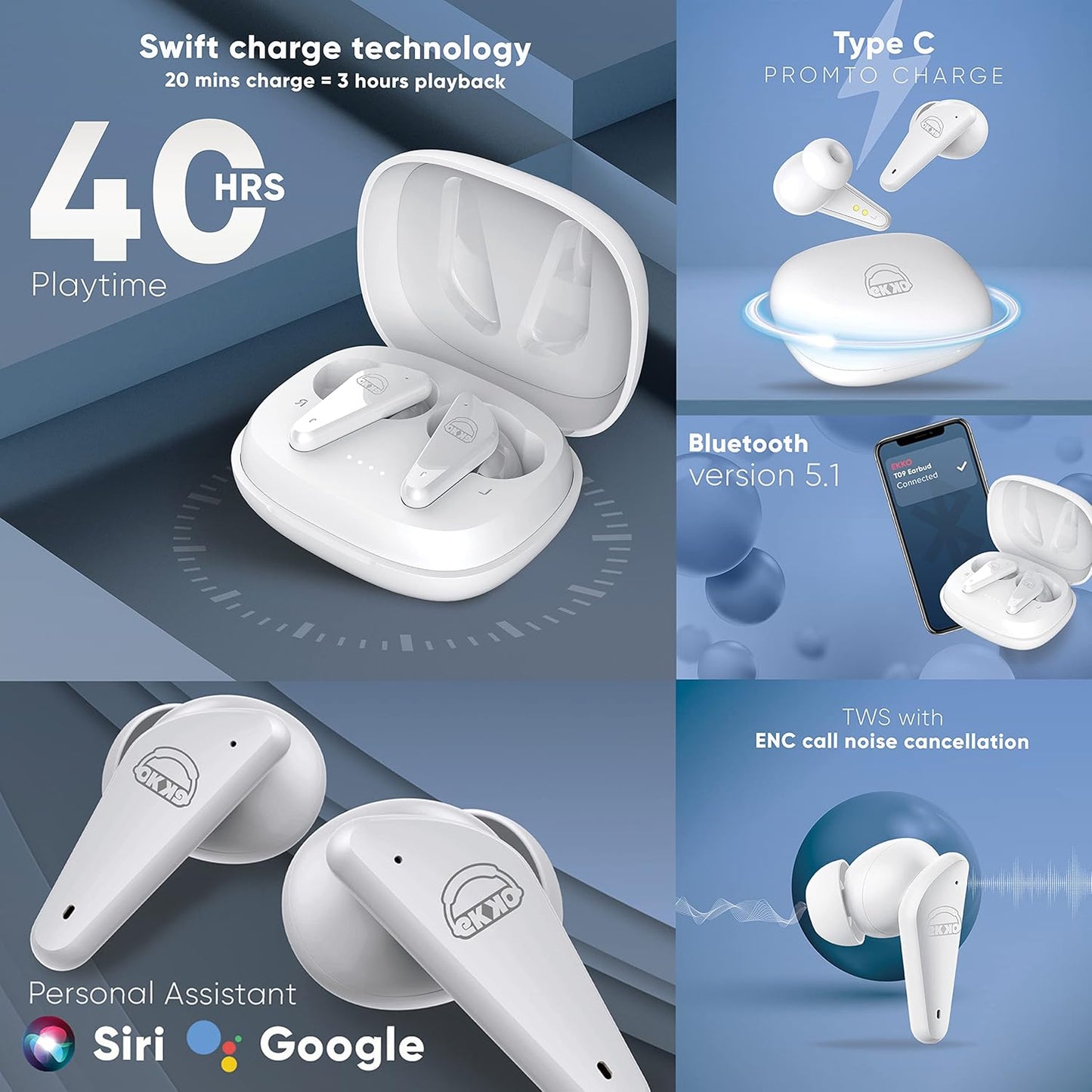 EKKO Earbeats T09: Mic, ENC Call Noise Cancellation, 40H Playtime, 10MM Driver, Twin Connect, Maxx Bass, Water Resistance (White)