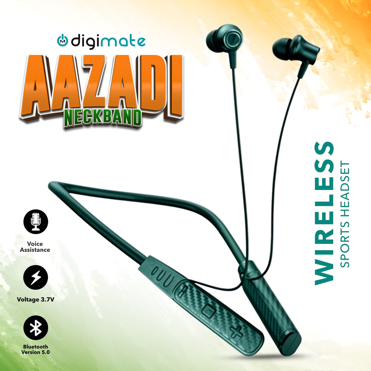 Digimate Aazadi 30Hours Play Time Neckband, 5.0 Bluetooth Voice Assistant Immersive 3D Sound with MIC  (DG-NB-1005, Green)