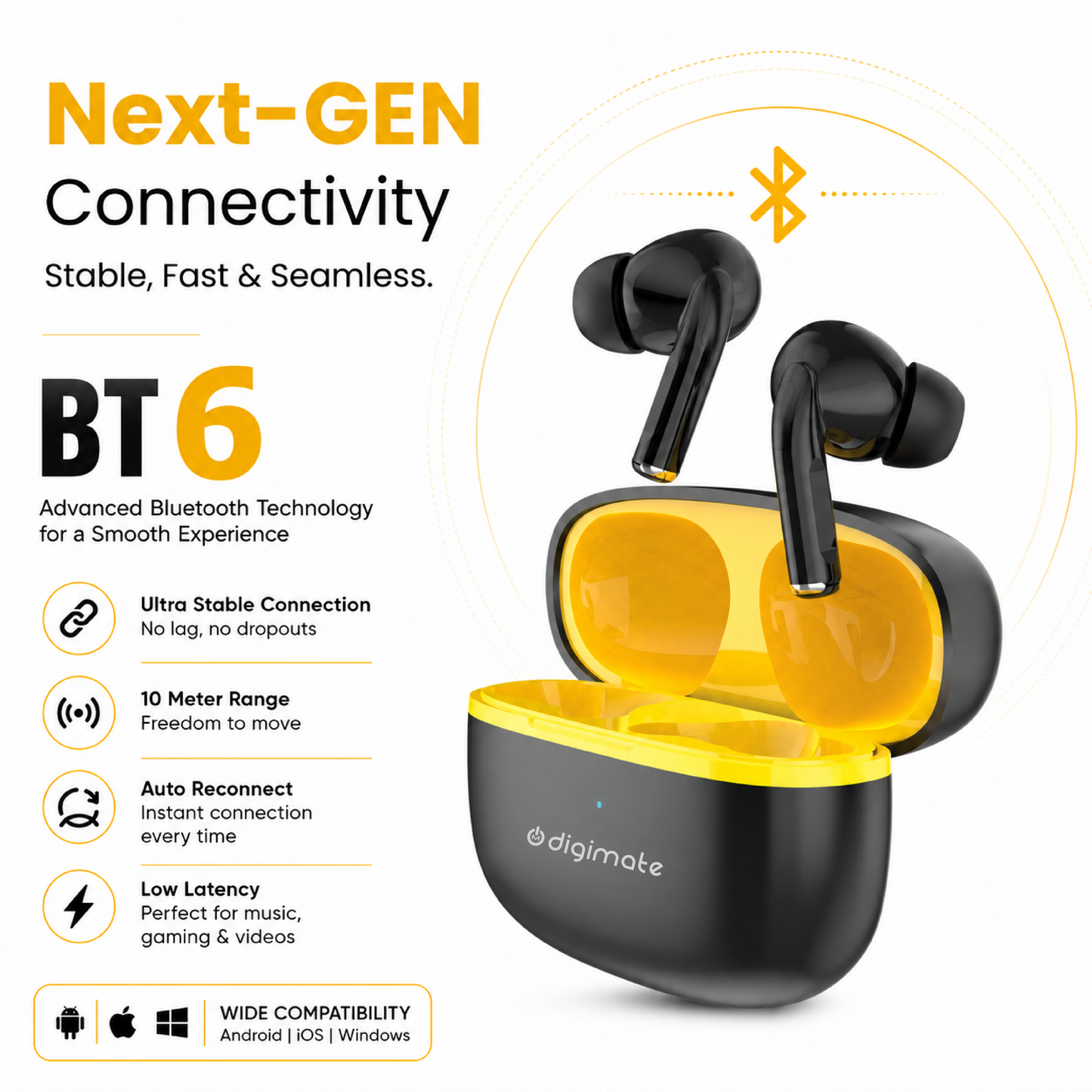 Digimate True Wireless Bluetooth Earbuds | 100H Playtime | Bluetooth 6.0 | 13mm Dynamic Driver | Type-C Fast Charging | Smart Touch Control | Deep Bass TWS Earbuds