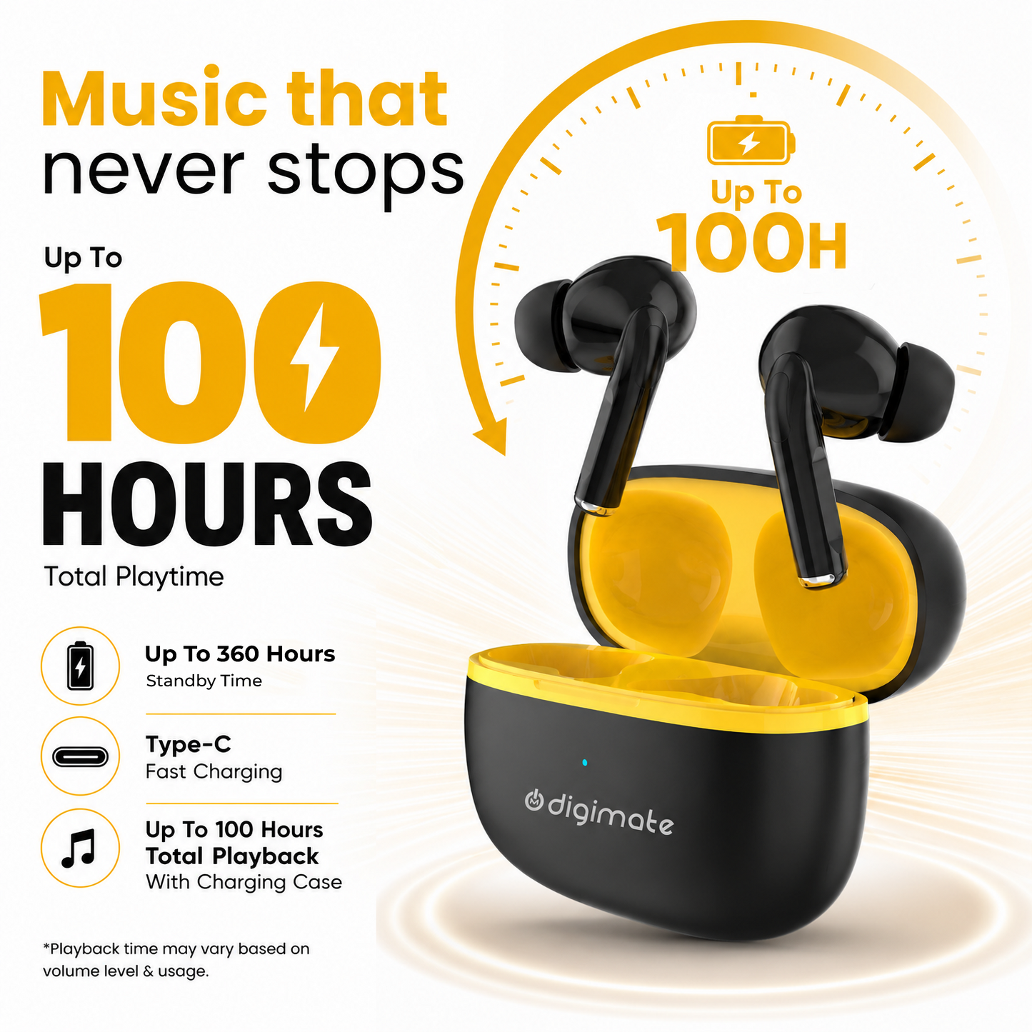 Digimate True Wireless Bluetooth Earbuds | 100H Playtime | Bluetooth 6.0 | 13mm Dynamic Driver | Type-C Fast Charging | Smart Touch Control | Deep Bass TWS Earbuds