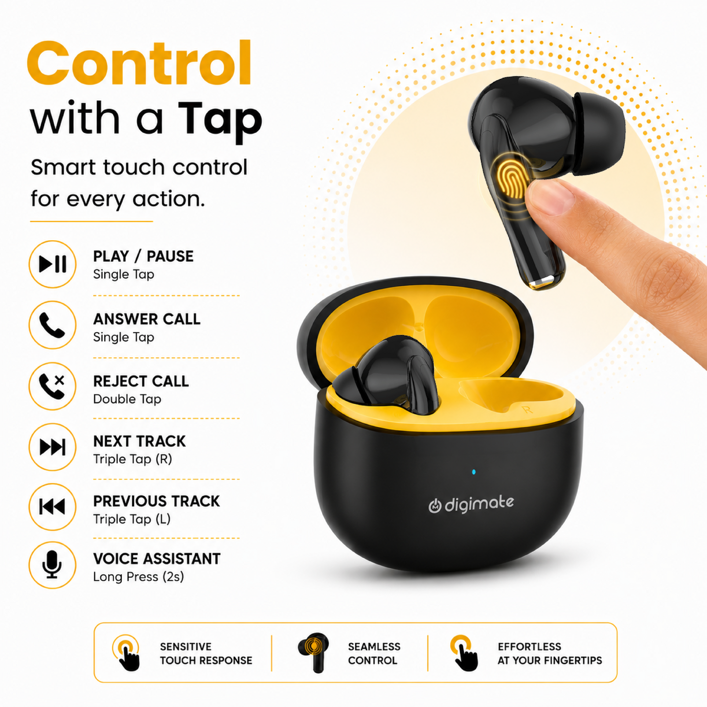 Digimate True Wireless Bluetooth Earbuds | 100H Playtime | Bluetooth 6.0 | 13mm Dynamic Driver | Type-C Fast Charging | Smart Touch Control | Deep Bass TWS Earbuds