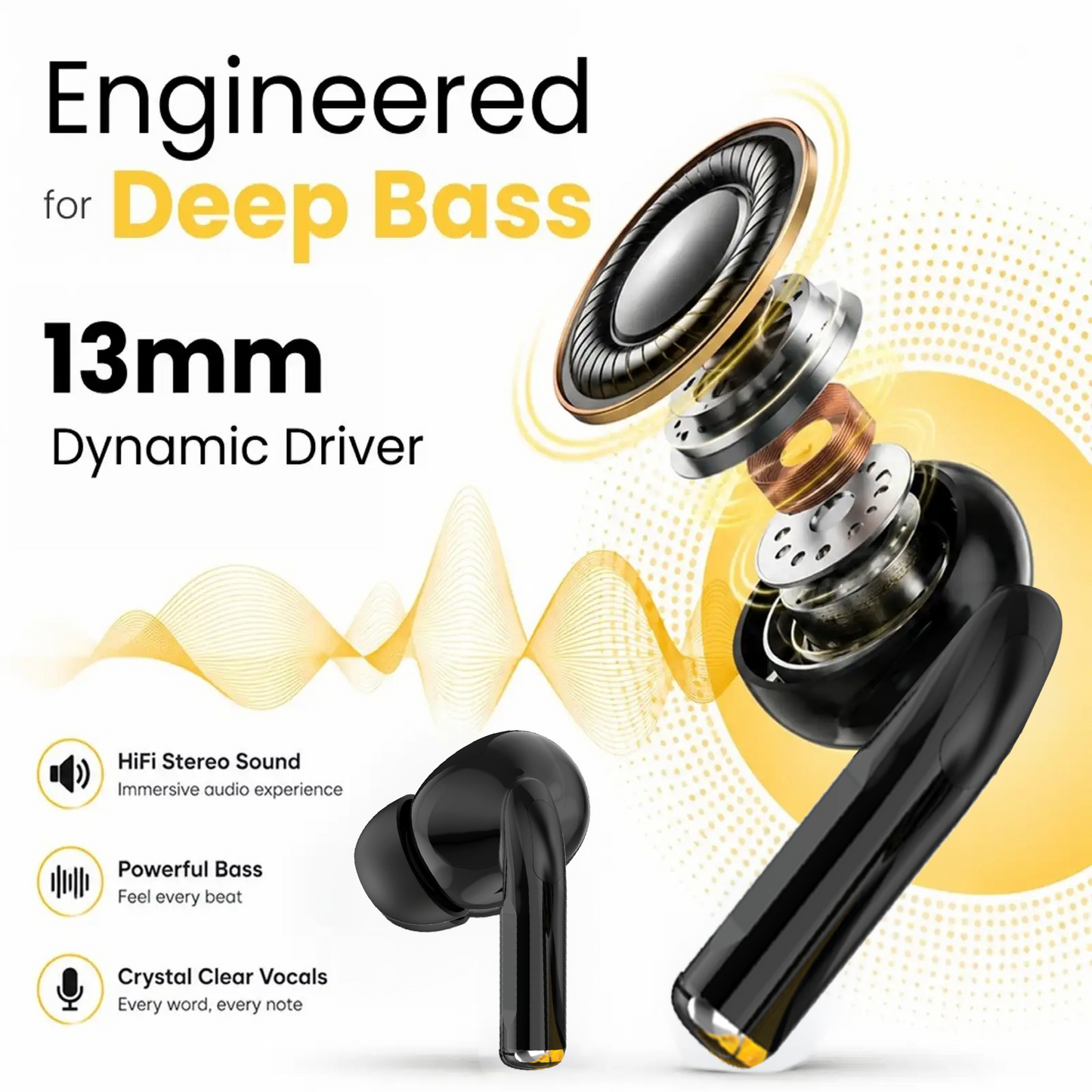Digimate True Wireless Bluetooth Earbuds | 100H Playtime | Bluetooth 6.0 | 13mm Dynamic Driver | Type-C Fast Charging | Smart Touch Control | Deep Bass TWS Earbuds