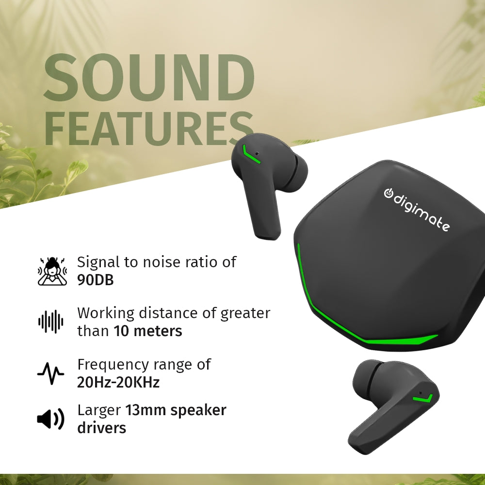 DIGIMATE Powerpods Earbud With LED Light Charging Case 20 Hours Playtime, Water Resistance, Siri/Google Supoort (Black, DGMGO5-004)
