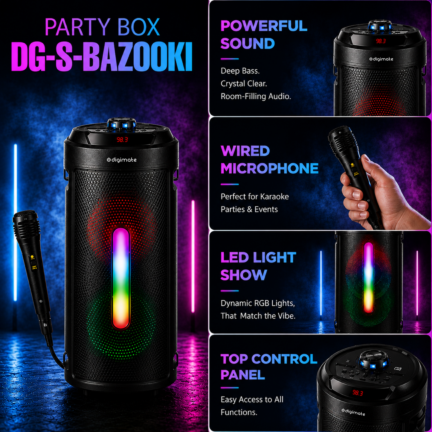 Independence Day Offer | Digimate BAZOOKI 40W Bluetooth Party Speaker with Mic, RGB Lights & 15H Playtime with DIGIMATE UMBRELLA FREE!
