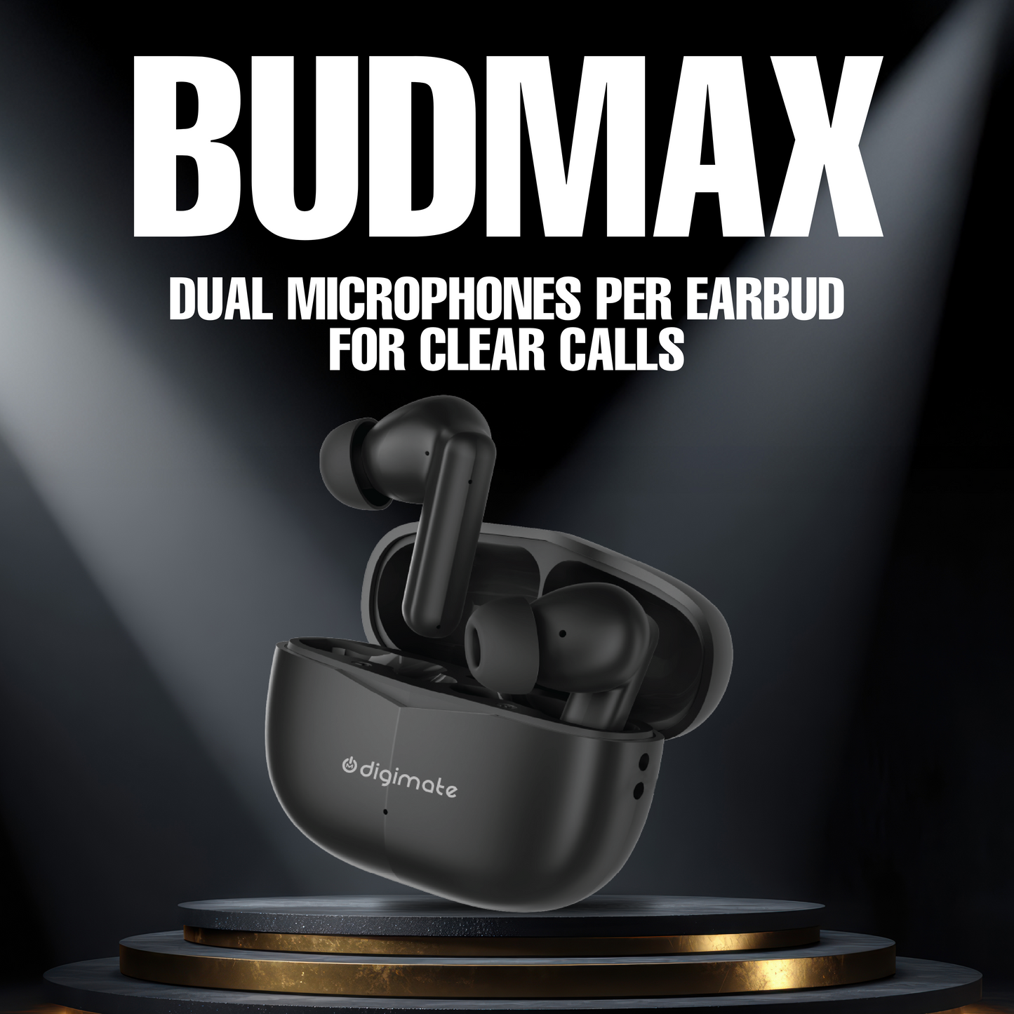 Digimate Budmax True Wireless Earbuds With 30H Playtime, Bluetooth 5.2, Dual Mic for Clear Calls, 300mAh Battery, Type-C Fast Charging, Voice Assistant Enabled (Black)
