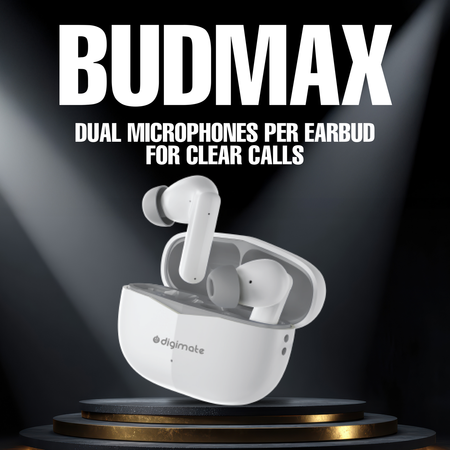 Digimate Budmax True Wireless Earbuds With 30H Playtime, Bluetooth 5.2, Dual Mic for Clear Calls, 300mAh Battery, Type-C Fast Charging, Voice Assistant Enabled (White)