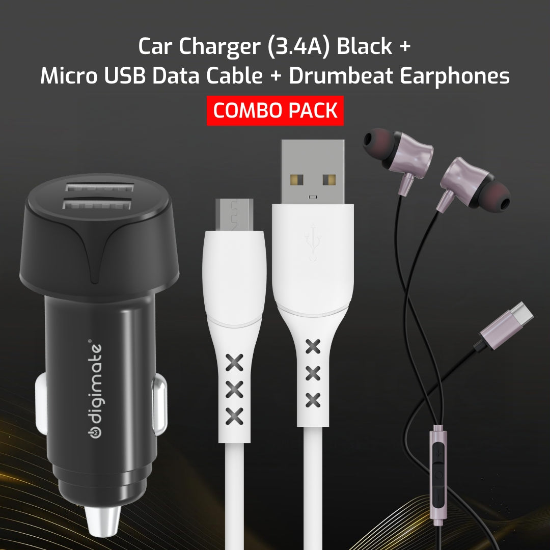 Combo Pack - Digimate Dual Port 18W Car Charger, 4 Amp Micro USB Cable 1m & Drumbeat Hands-Free C-Type Earphones with Built-in Mic