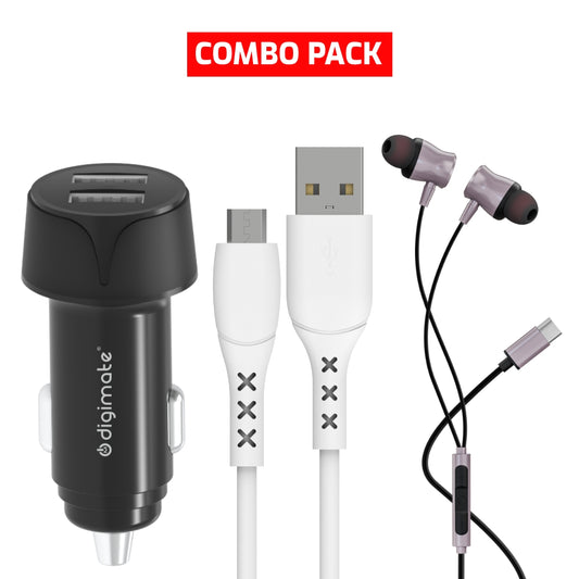 Combo Pack - Digimate Dual Port 18W Car Charger, 4 Amp Micro USB Cable 1m & Drumbeat Hands-Free C-Type Earphones with Built-in Mic