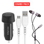 Combo Pack - Digimate Dual Port 18W Car Charger, 4 Amp Micro USB Cable 1m & Drumbeat Hands-Free C-Type Earphones with Built-in Mic