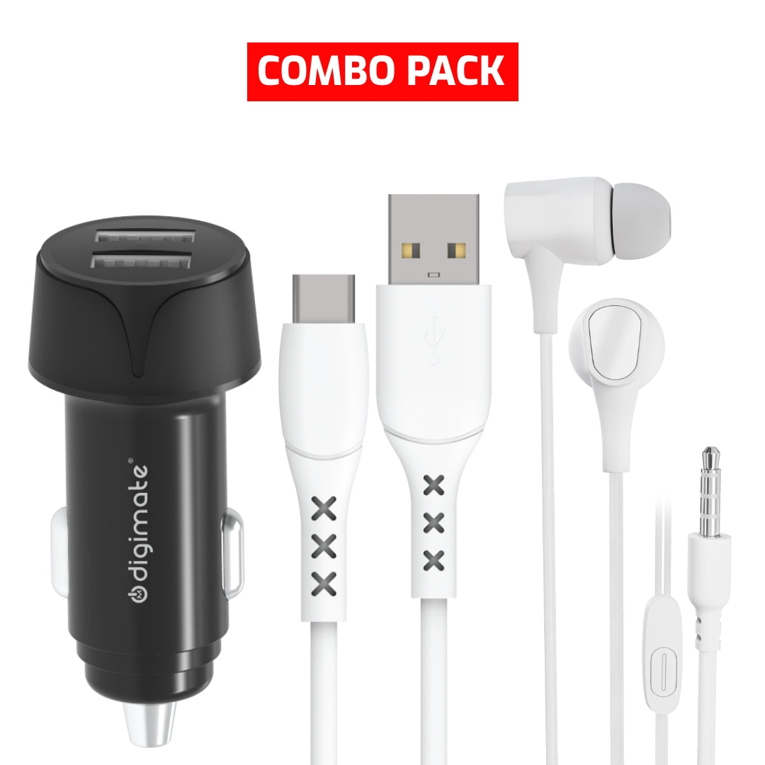 Combo Pack - Digimate Car Charger With Dual Output 18W, USB To C Cable & Jackbeat Wired Earphones