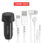 Combo Pack - Digimate Car Charger With Dual Output 18W, USB To C Cable & Jackbeat Wired Earphones