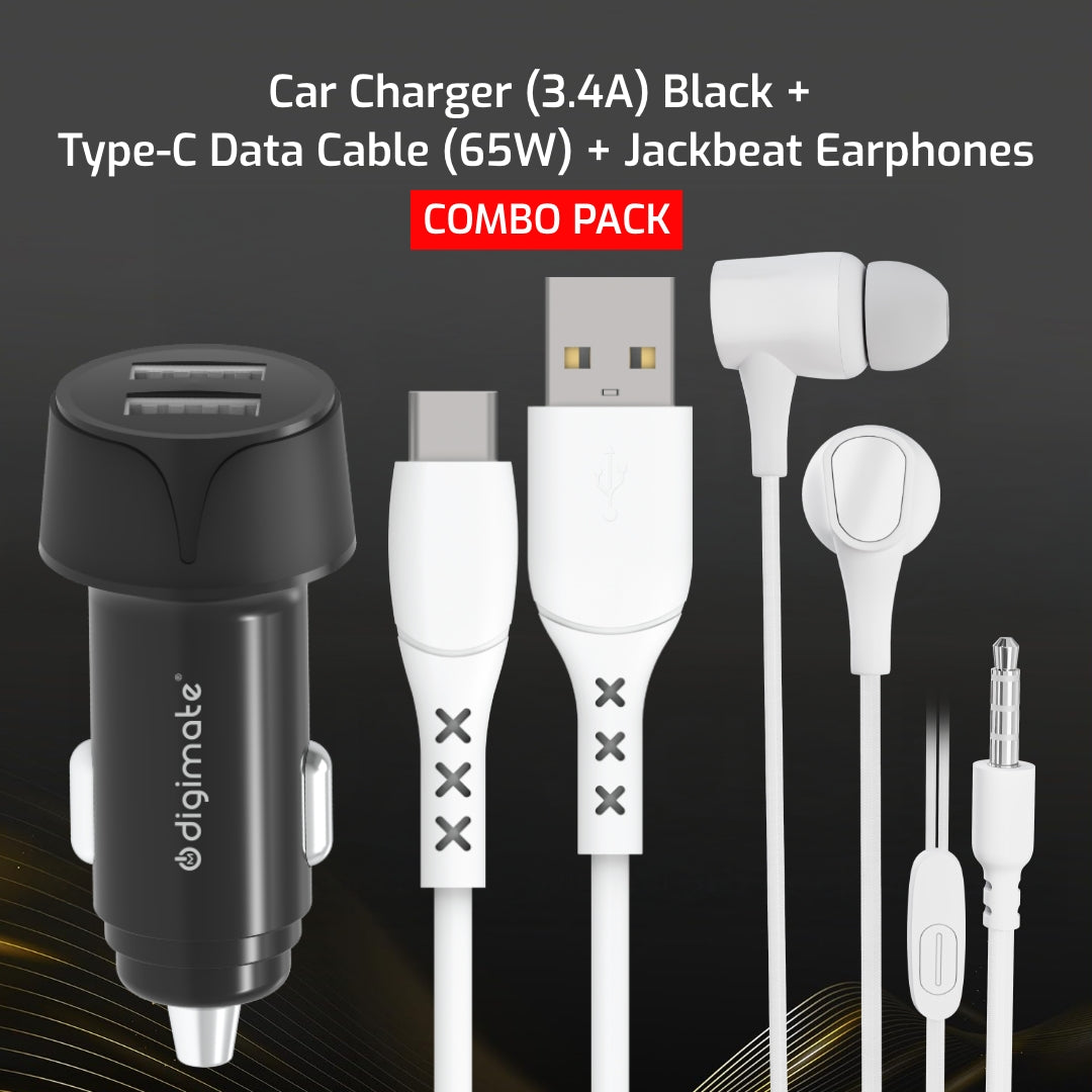 Combo Pack - Digimate Car Charger With Dual Output 18W, USB To C Cable & Jackbeat Wired Earphones
