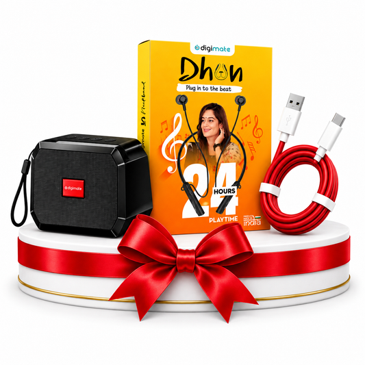 Digimate Raksha Bandhan Gift Combo – Boom Brick Bluetooth Speaker, Dhun Neckband & 65W Fast Charging Type-C Cable | Perfect Gift Set for Brother