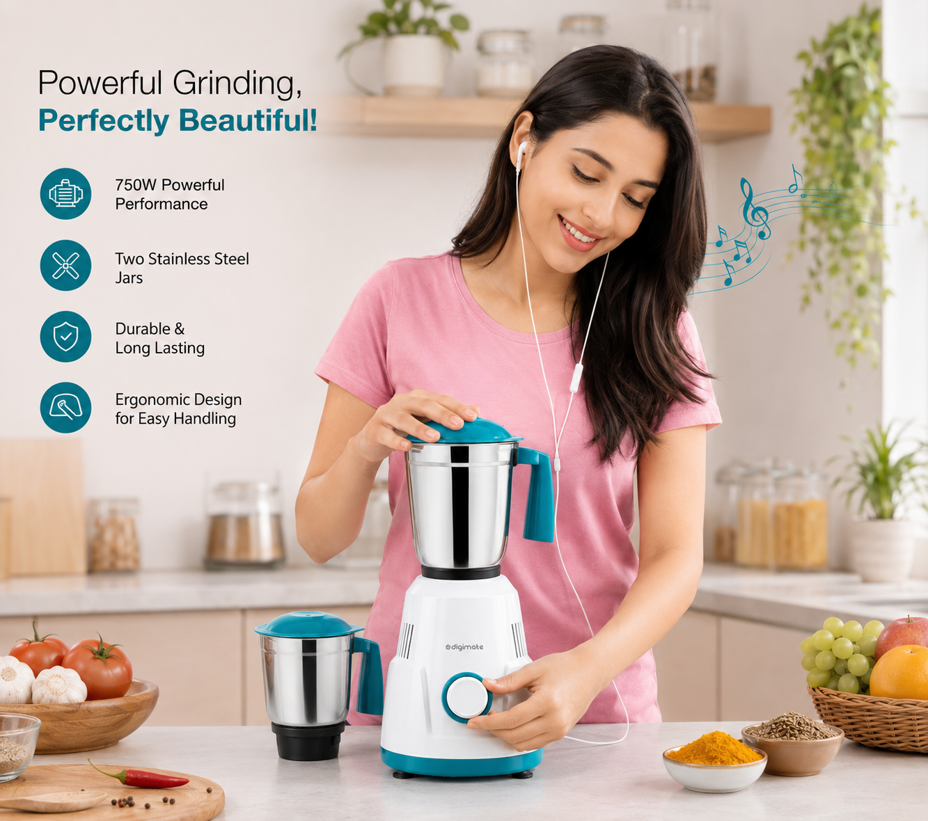 Special Combo: Buy Digimate Sakhi 500W Mixer Grinder With 3 Jars & Get Digimate Silence Wireless Earbuds FREE