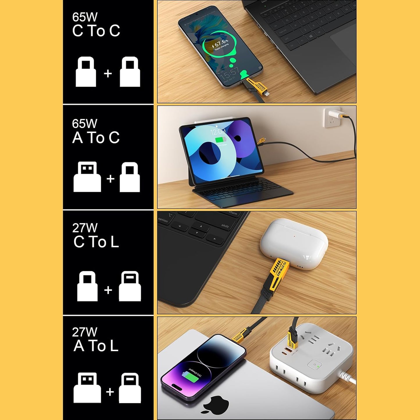 Digimate 4 in 1 Braided 1 Meter Cable | 65W Fast Charging Compatible for-iPhone & Android (Black, One Cable)