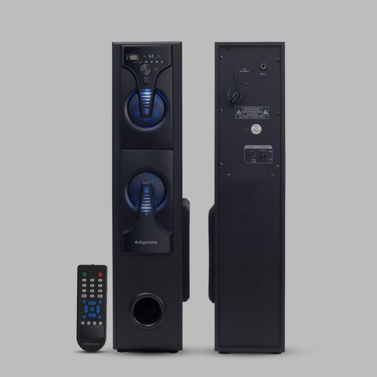 Digimate DG-TS01 60W Bluetooth Tower Speaker Wooden Cabinet, 5.25" Subwoofer, 3.0" Speaker, LED Display+Light, USB, FM, Full Control Remote with BT & Wired Karaoke Mic Support (Black, Stereo Channel)