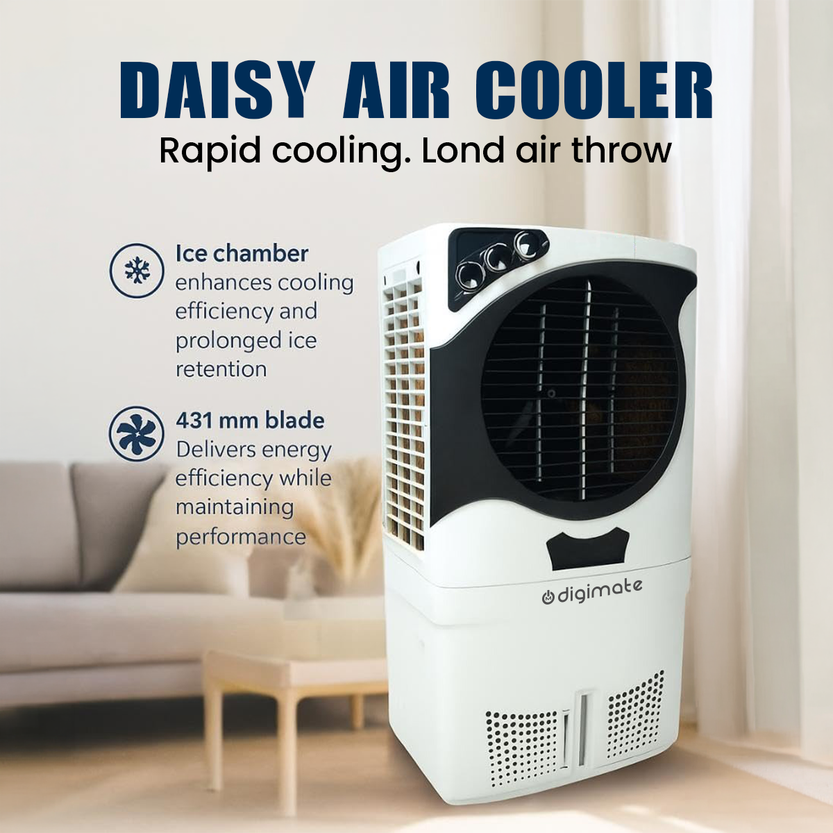 Daisy 80L Air Cooler with Honeycomb Cooling Pads & Powerful Airflow (DG-DAISY-EVAPRO-K802L)