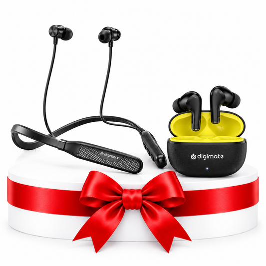 Digimate Ultimate Audio Combo | Pearl TWS Earbuds + Masti Wireless Neckband | 220H Playtime | Type-C Fast Charging | IPX5 Water-Resistant Neckband