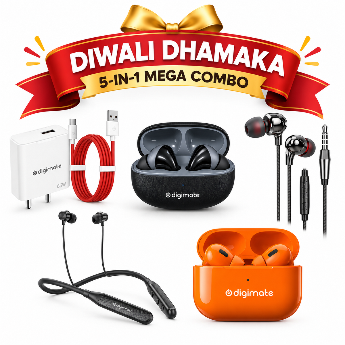 Digimate Diwali Dhamaka Mega Combo | 5 Power-Packed Essentials | TWS Earbuds, Neckband, Wired Earphones & 65W Charger