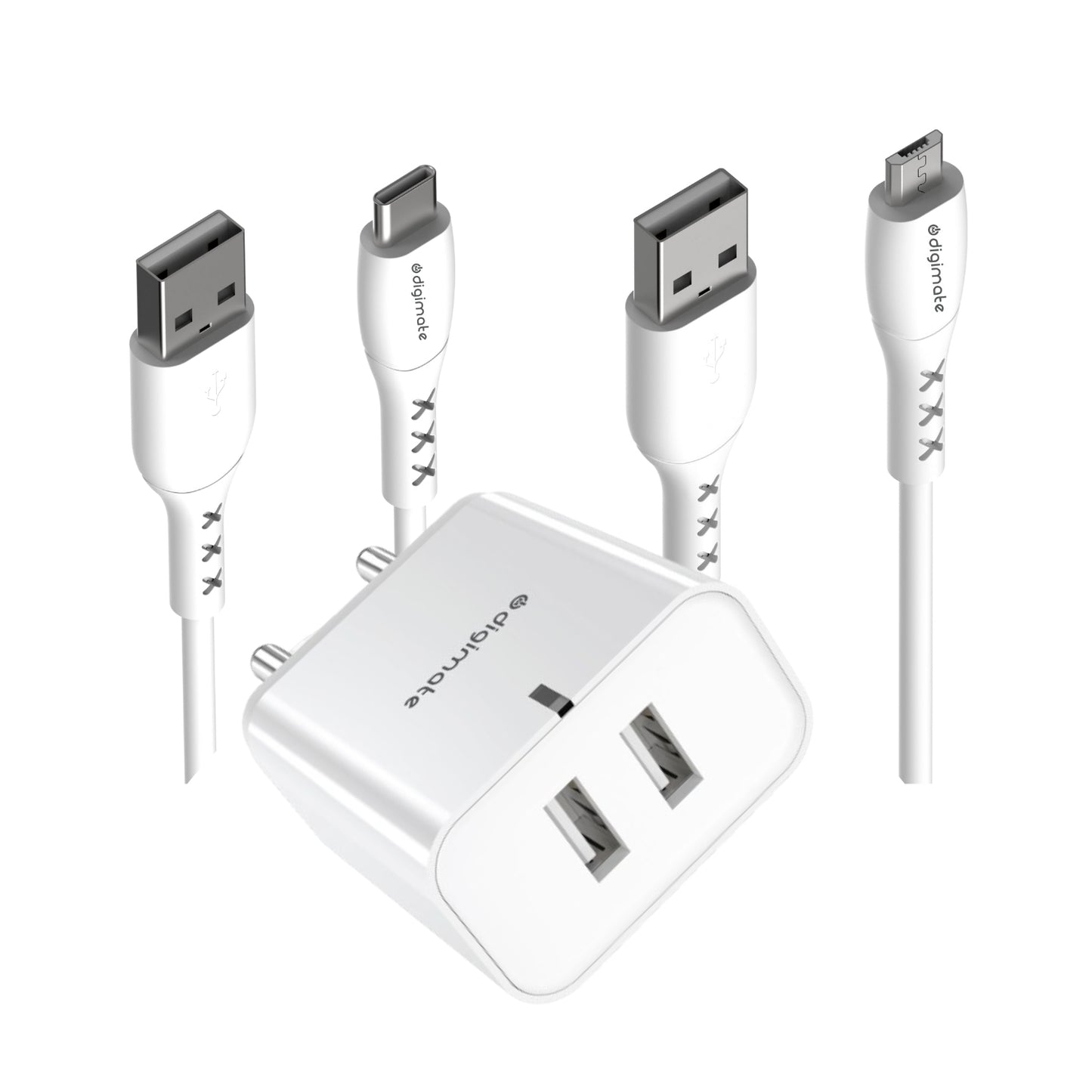 Digimate Dual USB Port 15W Wall Charger Adapter With Micro and Type C Cable