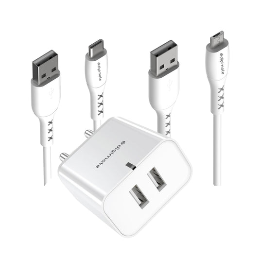 Digimate Dual USB Port 12W Wall Charger Adapter With Micro and Type C Cable