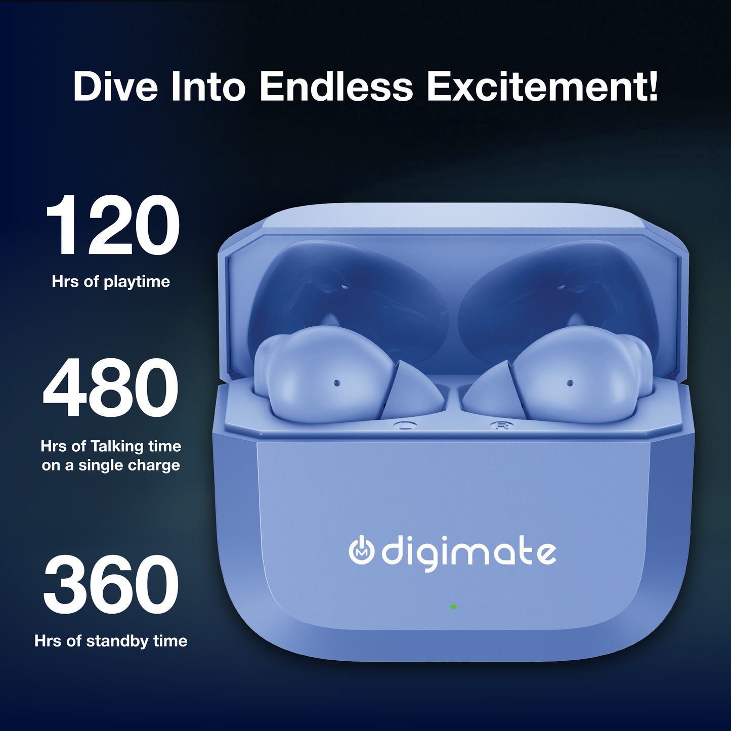 Digimate Enjoy TWS Earbuds | 120H Playtime | Bluetooth 6.0 | Dual Mic | Fast Charging | Touch Control | Voice Assistant (DG-EB-ENJOY-01-Blue)