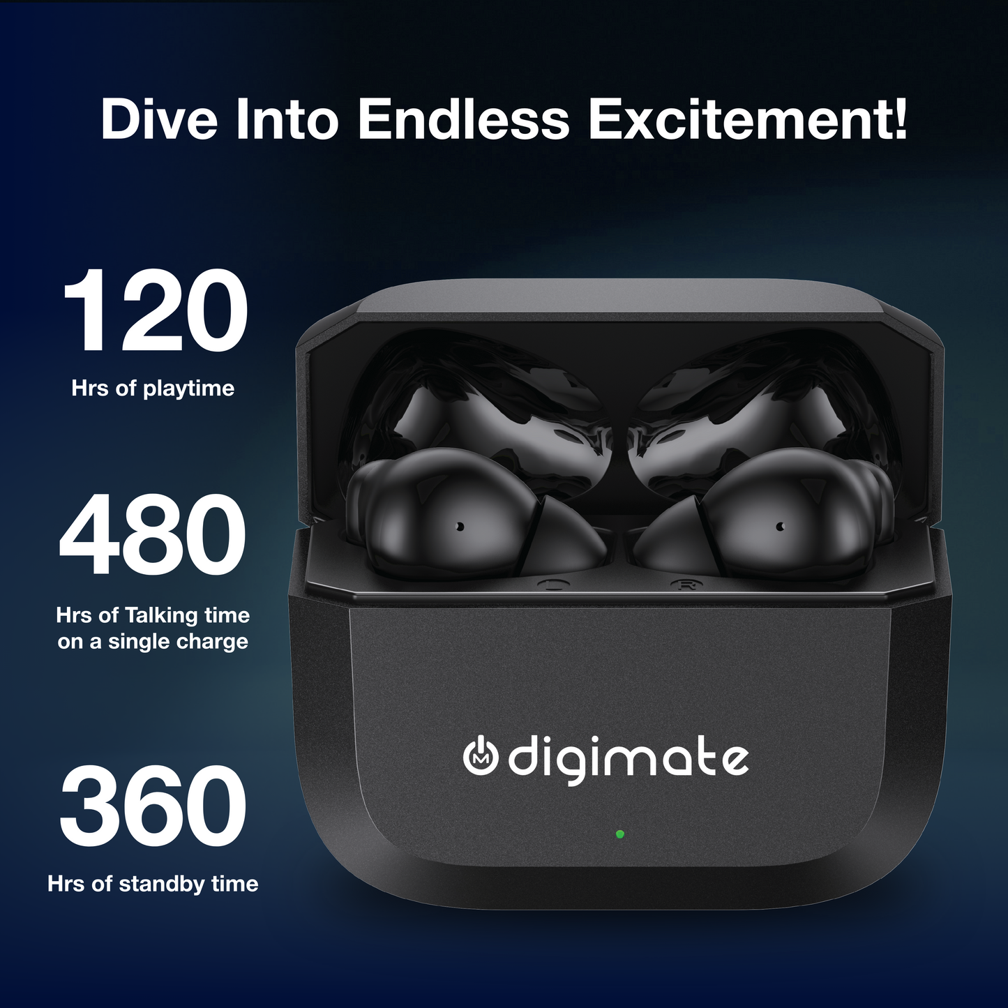 Digimate Enjoy TWS Earbuds | 120H Playtime | Bluetooth 6.0 | Dual Mic | Fast Charging | Touch Control | Voice Assistant (DG-EB-ENJOY-01-Black)