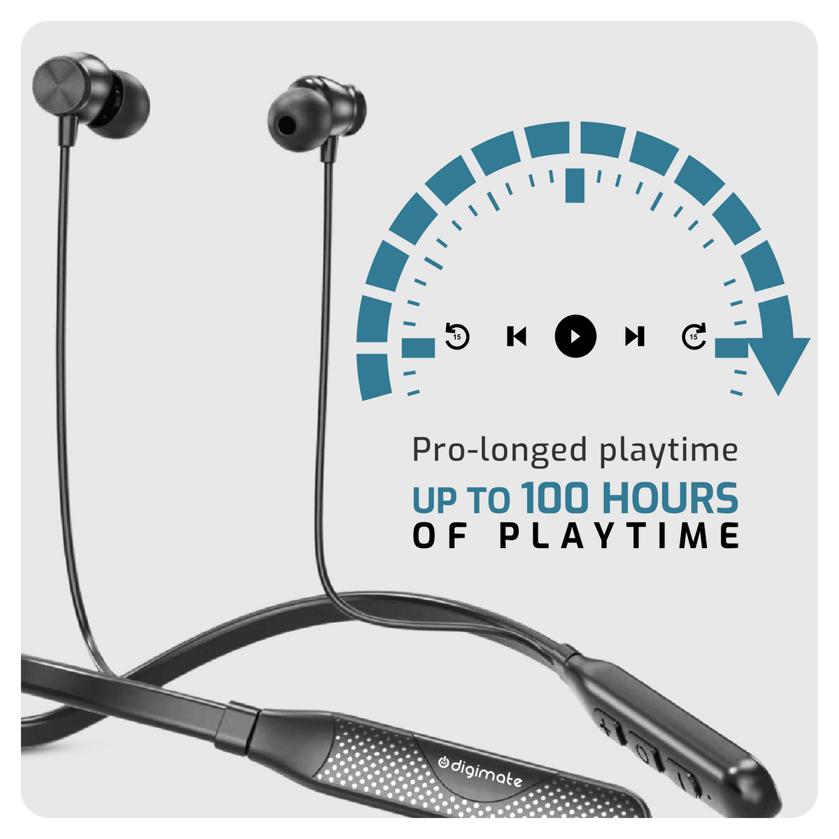 Digimate Masti Wireless Bluetooth Neckband | Up to 100H Playtime | Bluetooth 5.0 | IPX5 Water Resistance | Type-C Fast Charging | Voice Assistant | 150mAh Battery | Stereo Sound (DG-NB-1018)