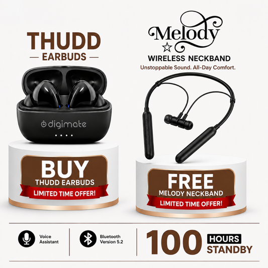 Digimate Thudd Wireless Earbuds with FREE Melody Bluetooth Neckband (DG-NB-1014) | Bluetooth 5.2, Type-C Fast Charging, Voice Assistant Support, 100Hrs Standby | Limited Time Offer