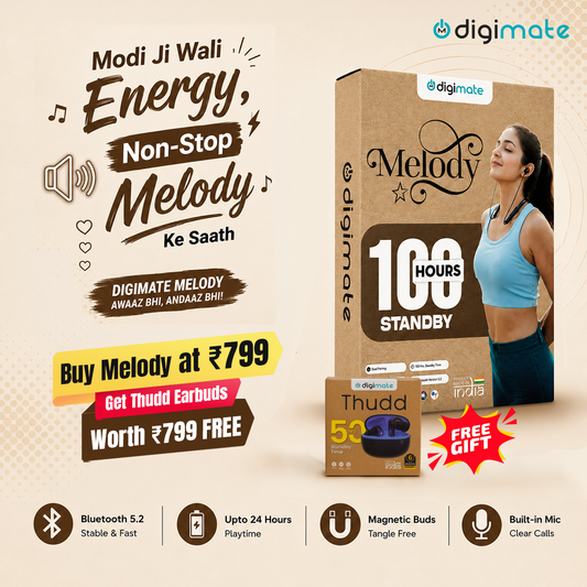 Digimate Melody Wireless Neckband, 100Hrs Standby, Bluetooth 5.2, Type-C Fast Charging, Voice Assistant Support (DG-NB-1014) with FREE Thudd Earbuds!! Limited Time Offer!