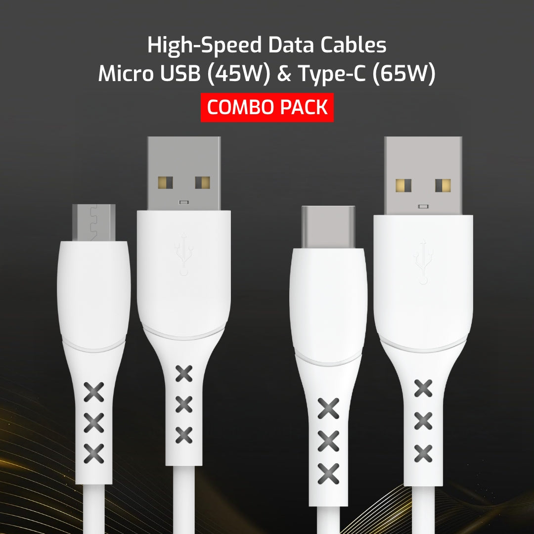Combo Pack - Digimate 3 Amp Micro USB Cable & USB To C Cable Support Upto 65 Watt