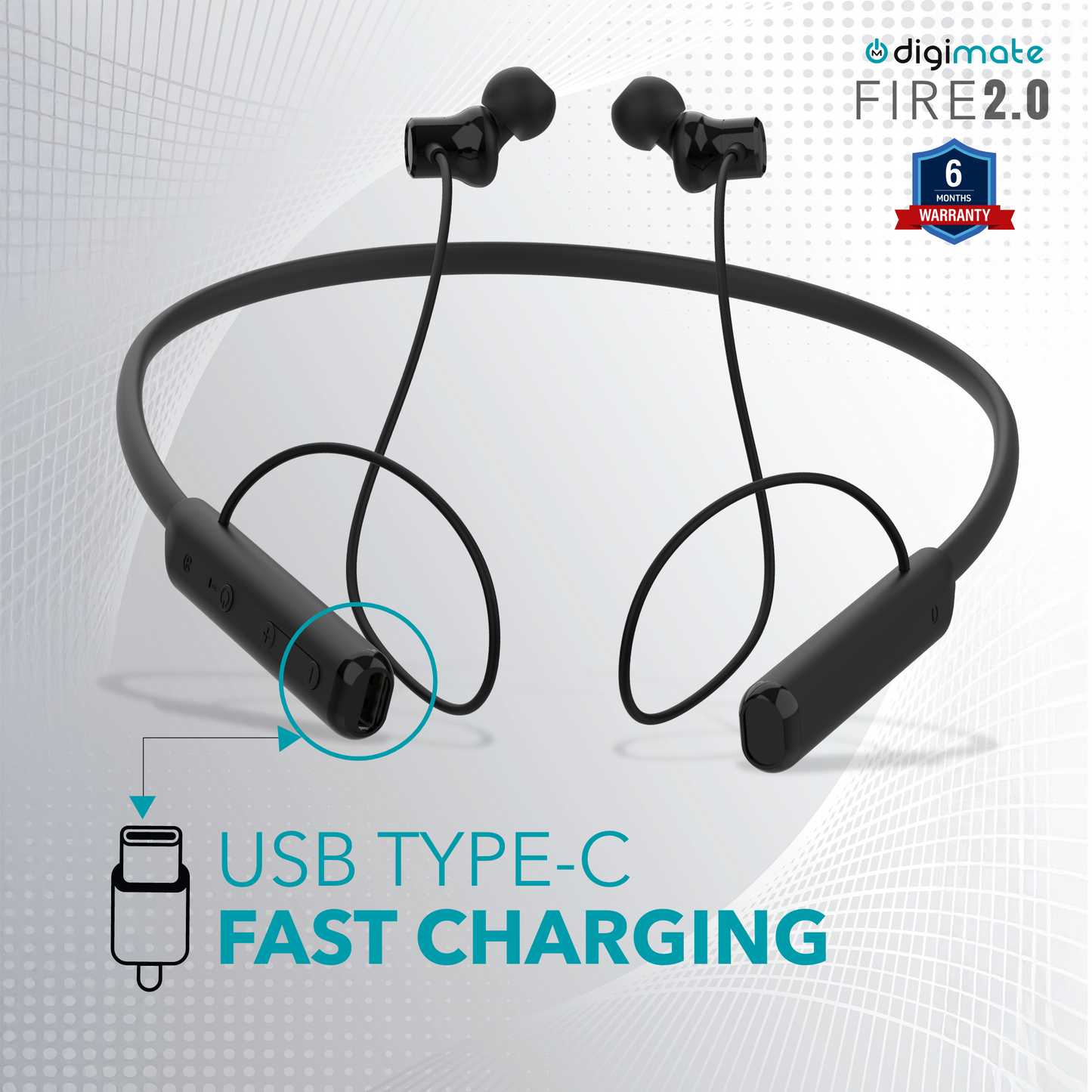Digimate Fire 2.0 Wireless Neckband with Mic, 30 Hours Playtime, Fast Charging, Hi-Fi Stereo Sound, Bluetooth 5.0, Sweat-Proof (Model DG-NB-1003, Black)
