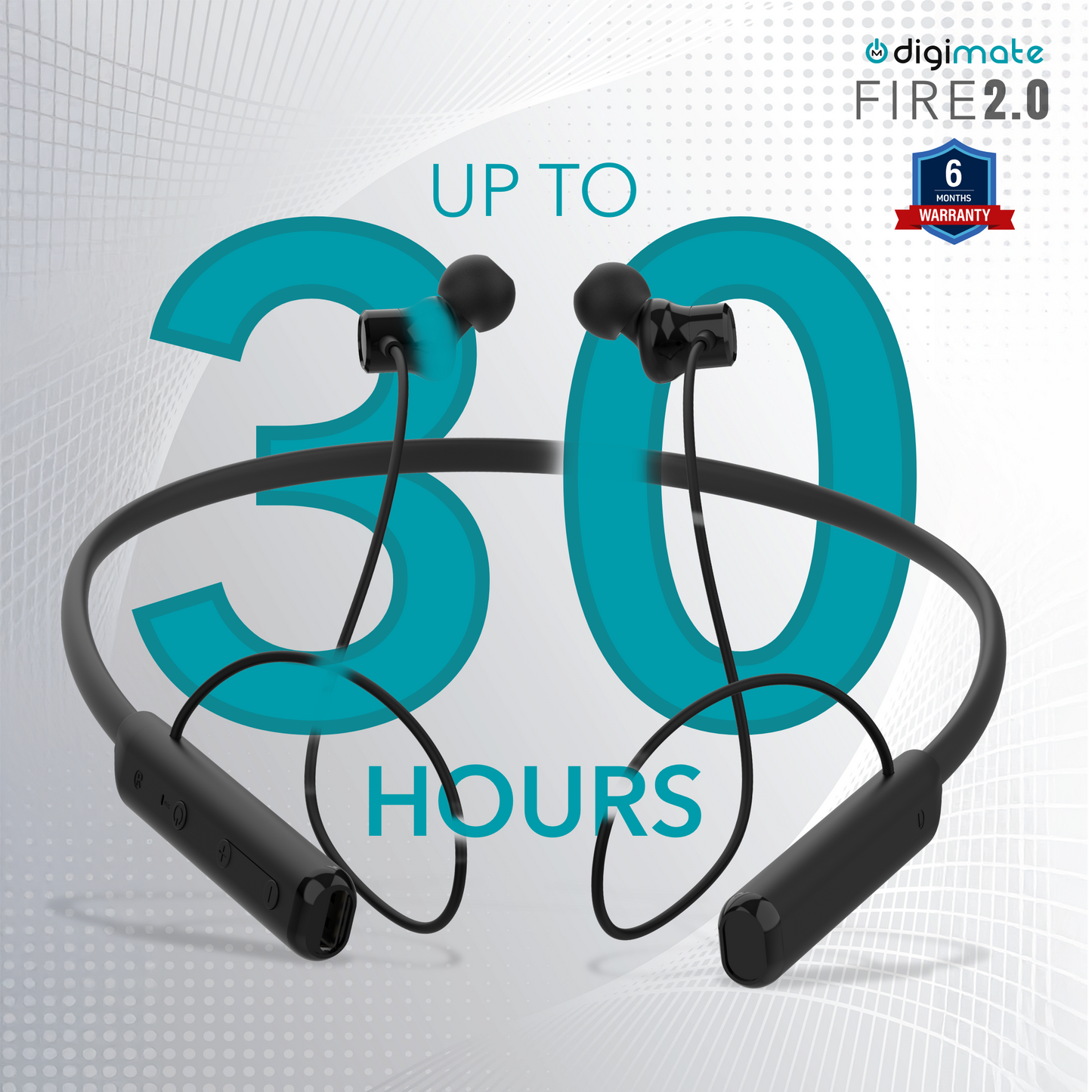 Digimate Fire 2.0 Wireless Neckband with Mic, 30 Hours Playtime, Fast Charging, Hi-Fi Stereo Sound, Bluetooth 5.0, Sweat-Proof (Model DG-NB-1003, Black)