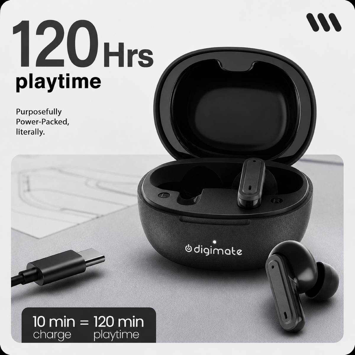 Digimate PlugD True Wireless Bluetooth Earbuds | 120H Playtime | Bluetooth 6.0 | HD Dual Mic | Type-C Fast Charging | Voice Assistance | Leather Premium Finish | TWS Earbuds (DG-EB-PLUGD-01)