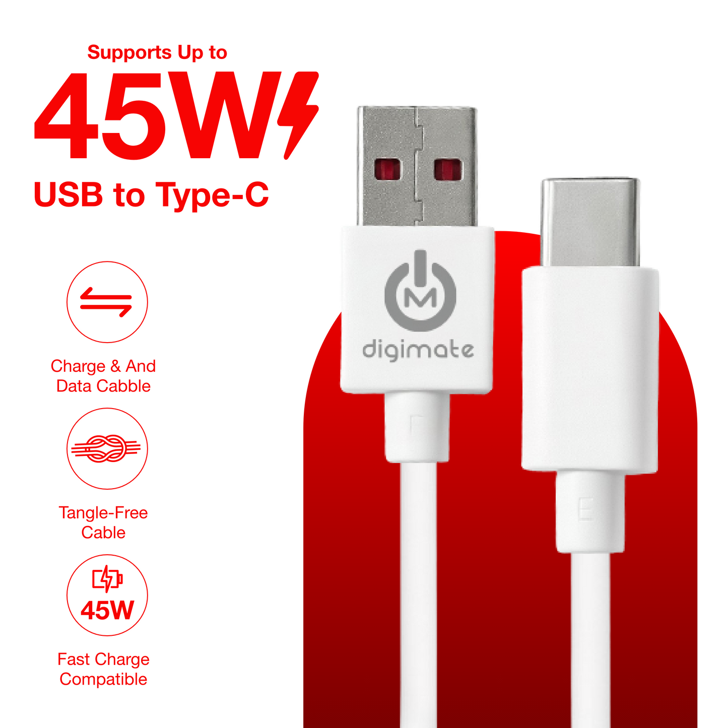 Digimate Raftarr USB to Type-C Fast Charging Cable, Up to 65W Support, TPE Tangle-Free Design (DG-DC-RAFTAAR-01-Type-C)