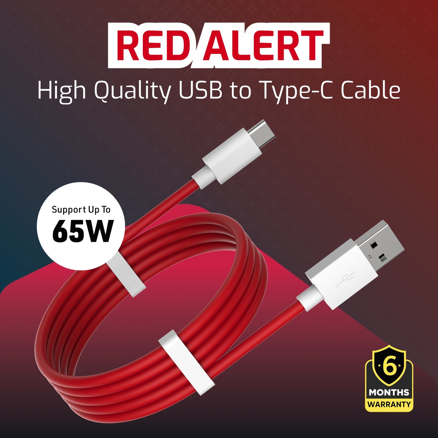 Digimate Red Alert Hight Quality USB to Type C, Support Upto 65 Fast Charging Cable (DG-DC-C-RD-1003, Red)