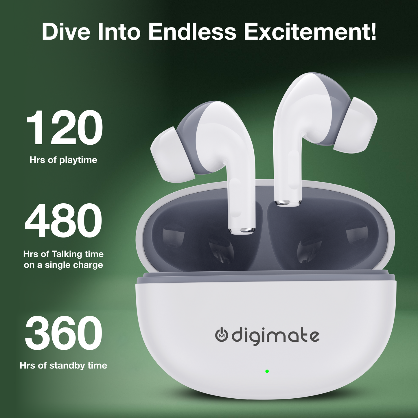 Digimate Sargam 120H Playtime 5.0 Bluetooth Wireless Earbuds with Fast Charging, HD Dual Mic (DG-EB-Sargam-03-White)