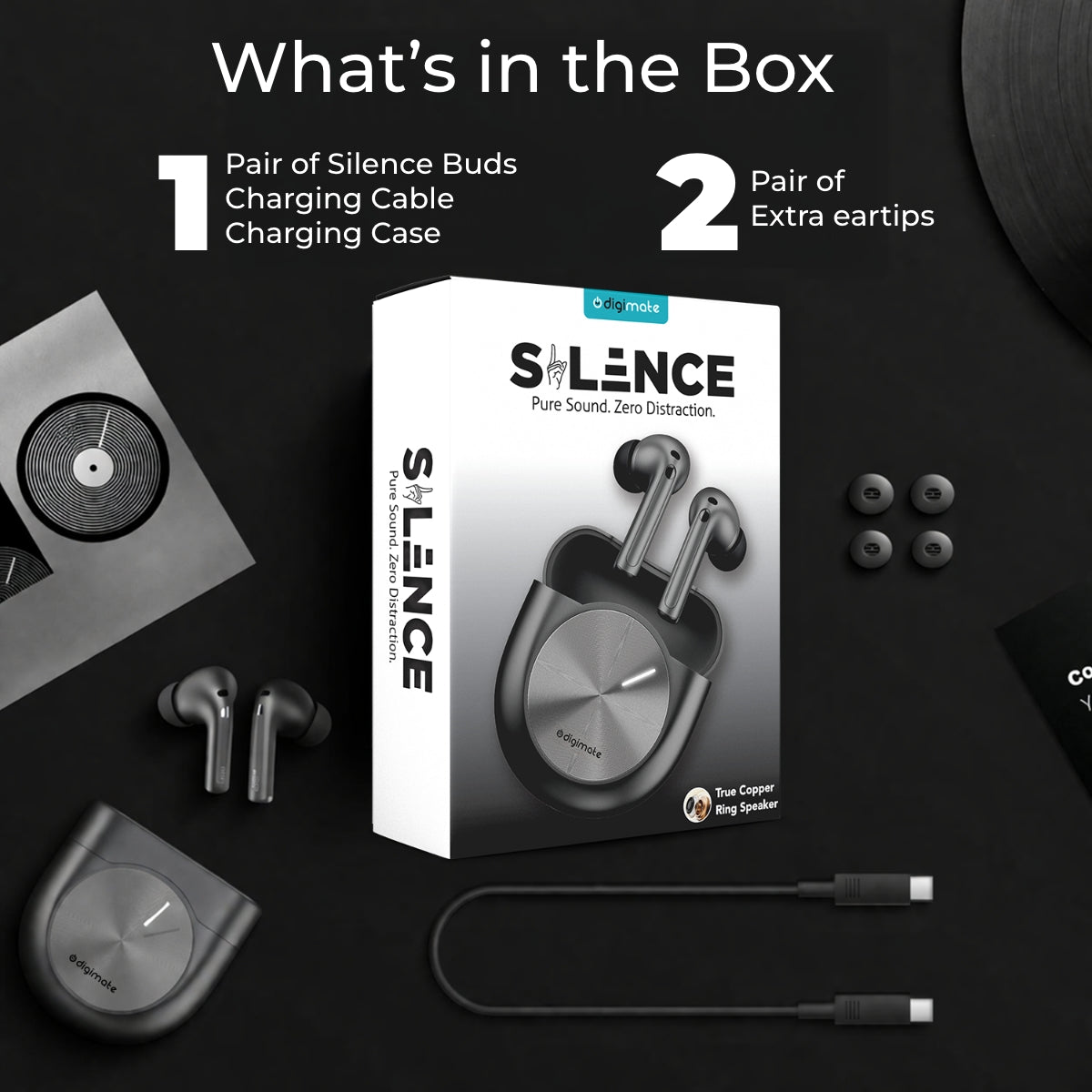 Digimate Silence Wireless Earbuds with 180H Playtime, Bluetooth 5.4, Dual Mic, Fast Type-C Charging (DG-EB-SILE9-CE, Black)
