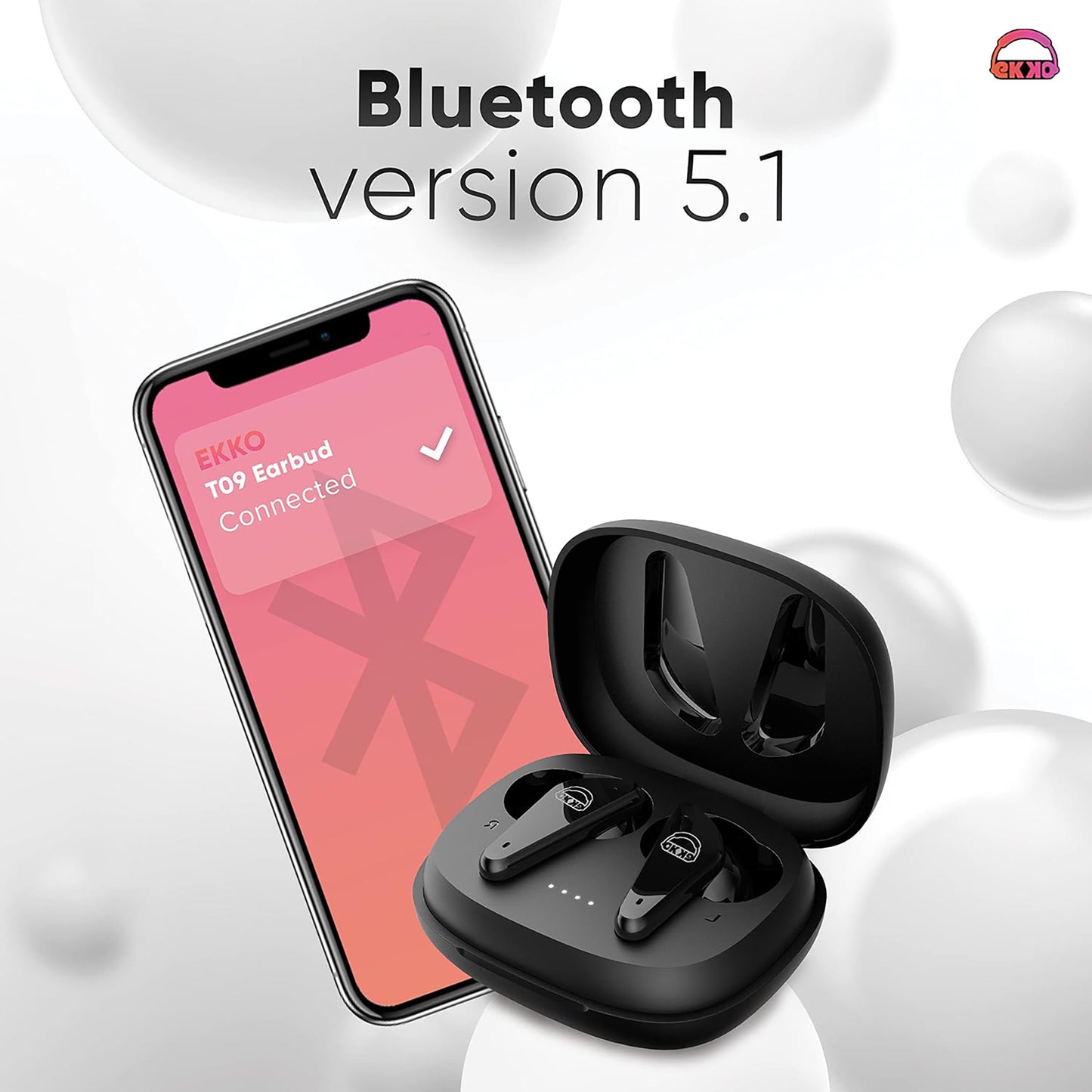 EKKO Earbeats T09: Mic, ENC Call Noise Cancellation, 40H Playtime, 10MM Driver, Twin Connect, Maxx Bass, Water Resistance (Black)